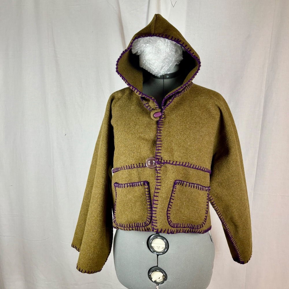 Handmade Hooded Cropped Jacket from Army Green‎ Blanket Button Front Pockets | L - Picture 9 of 16